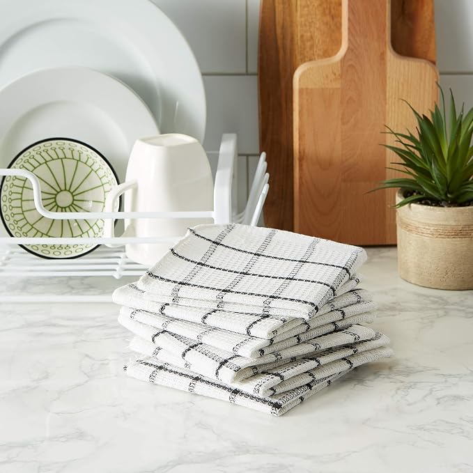 DII Scrubber Dishcloths Collection Windowpane Dishrag Set, 12x12, White/Black Stripe, 6 Piece