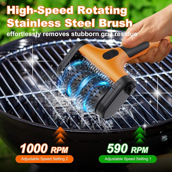 Electric Grill Brush – 2600mAh Rechargeable Outdoor Grill Cleaner, 2-Speed Adjustable (Up to 1000 RPM), 2 Replacement Heads, with LED Light, for BBQ Grates/Camping Stoves (Orange)
