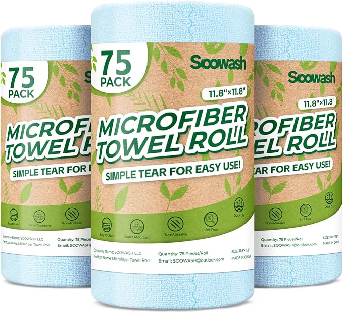 Microfiber Cleaning Cloths Roll, 225 Pack Tear Away Microfiber Towels Roll, 12" x 12" Lint Free Rags, Reusable Cleaning Cloths, Washable, Scratch Free,Ultra Absorbent Dish Rags(Blue)