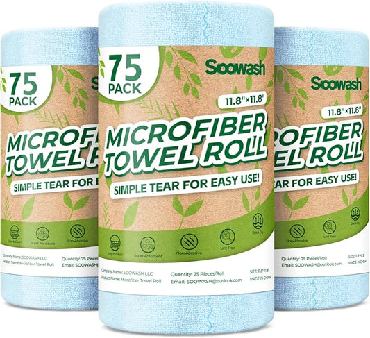 Microfiber Cleaning Cloths Roll, 225 Pack Tear Away Microfiber Towels Roll, 12" x 12" Lint Free Rags, Reusable Cleaning Cloths, Washable, Scratch Free,Ultra Absorbent Dish Rags(Blue)