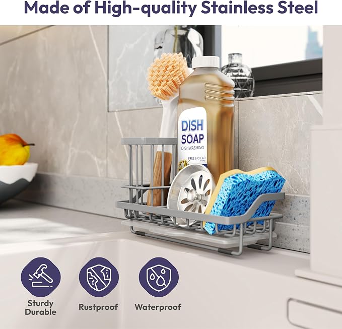 SWTYMIKI Sink Caddy Sponge Holder - Kitchen Sink Organizer with High Brush Holder for Countertop to Hold Dish Soaps and Sponges, Stainless Steel, Gray