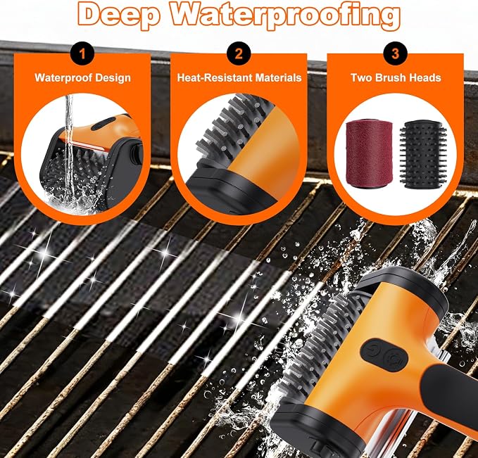 Electric Grill Brush – 2600mAh Rechargeable Outdoor Grill Cleaner, 2-Speed Adjustable (Up to 1000 RPM), 2 Replacement Heads, with LED Light, for BBQ Grates/Camping Stoves (Orange)