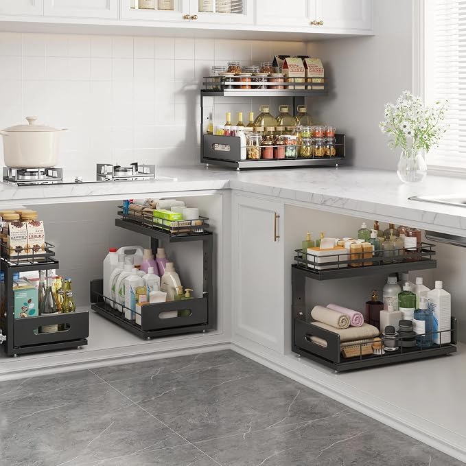 Under Sink Organizer Upgrade To Professional Rails,2-Tier Dual Pull Out Cabinet Storage,Height Adjustable Slide Out Drawers For Bathroom Kitchen,2 Pack-16.7"Dx12.8"-16.9"H,Black