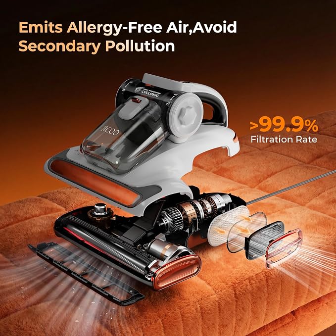 JIGOO T600 Mattress Vacuum Cleaner with UV-C Light, 15Kpa Suction 700W Powerful Double-Cup Handheld Vacuums, Bed Cleaner with Smart Dust Sensor, Ultrasonic, Heating Tech, MIF Filter