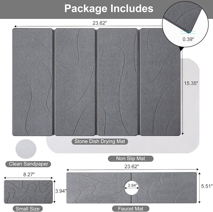 3 PCS Large Stone Dish Drying Mat for Kitchen Counter, Quick Dry Stone Dishes Mats, Sink Faucet Mat, Minimalist Water Absorbing Diatomaceous Earth Drying Pad for Countertop Tableware, Bottles