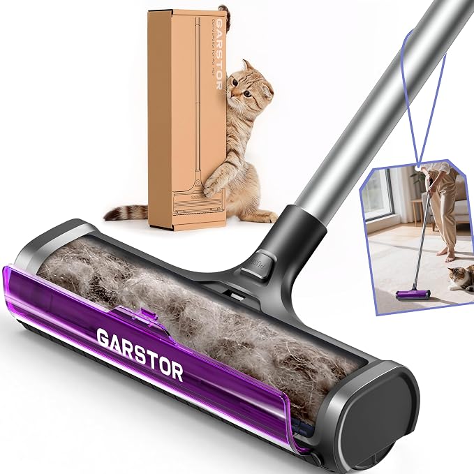 Pet Hair Remover for Carpet, Carpet Sweeper with Dust Container | Carpet Hair Removal Tool with 5 Feet Long Handle to Remove Cat and Dog Hair from Carpet, Rugs, Mats, Furniture, Upholstery