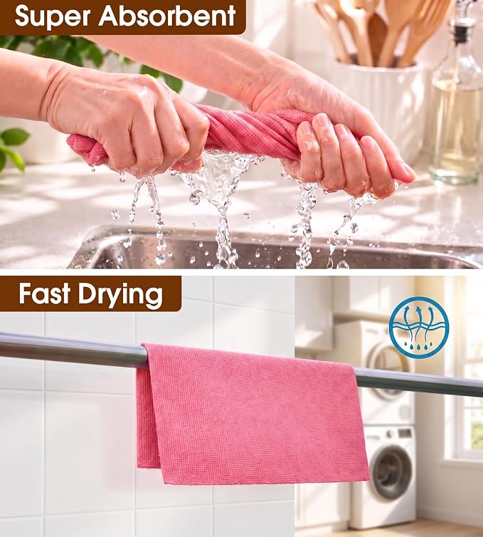 KitchLife Microfiber Cleaning Cloth Roll, 100 Pack - Tear-Away Microfiber Paper Towels, Lint-Free, Reusable, Washable for Kitchen, Car, Dishes, and Sensitive Surfaces (Pink)