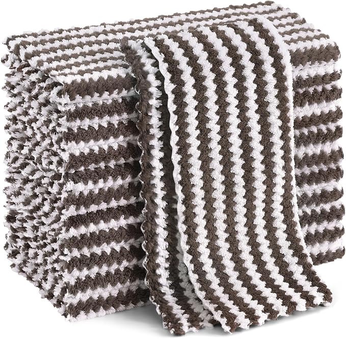 Homaxy 12 Pack Kitchen Dish Cloths, Ultra Soft and Absorbent Dish Towels, Reusable Fast Drying Microfiber Cleaning Cloth, Coral Velvet Wave Design No-lint, 10 x 10 inches, Brown