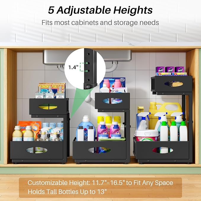 Under Sink Organizer, 1-Pack Pull Out Cabinet Organizer 2 Tier Metal Slide Out Storage Shelf Rack, L-Shaped Adjustable Height,Mesh Sliding Drawer for Kitchen, Bathroom, Laundry, Pantry, Black, XL