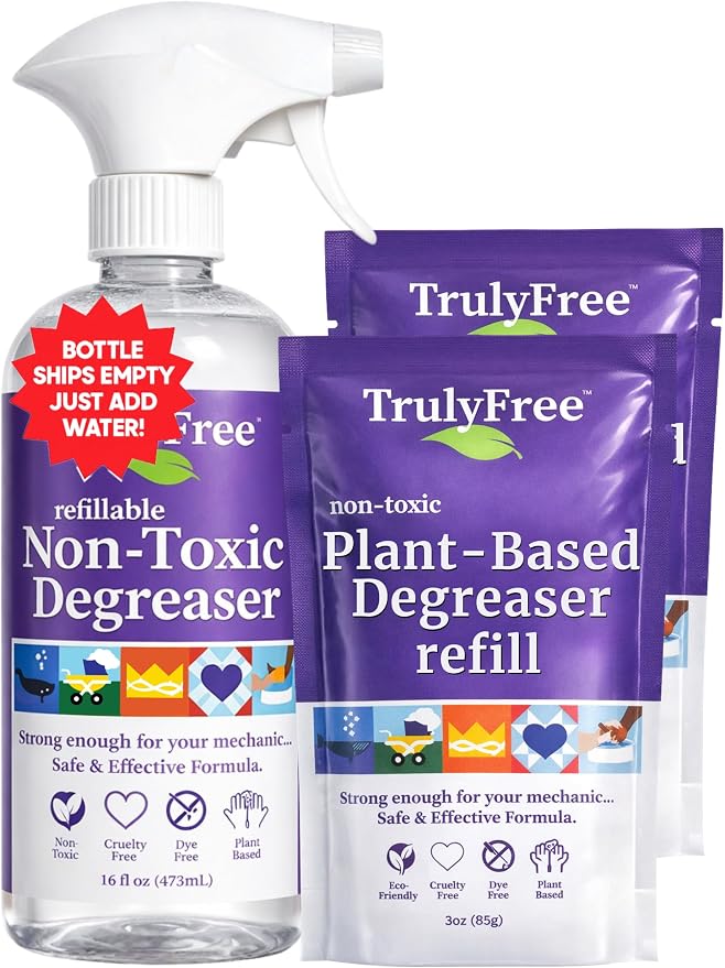 Truly Free Heavy Duty Degreaser - Grease Remover & Grime Cleaner for Kitchen, Automotive & More, Household Cleaning Supplies, Fragrance-Free, Includes 16 oz Reusable Empty Bottle + Two Fills, 3 oz ea.