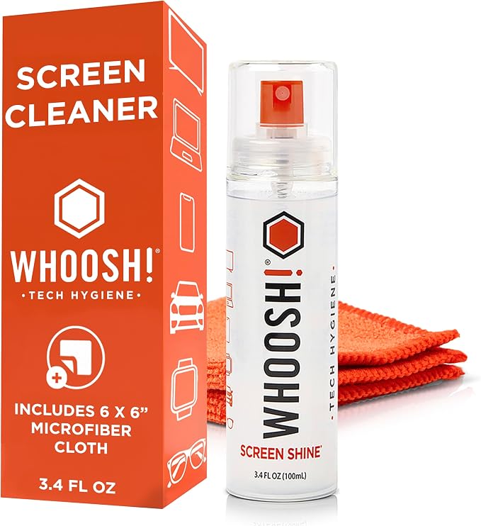 WHOOSH! Screen Shine Go XL - 3.4 fl oz with Microfiber Cloth - Powerful Streak-Free Screen Cleaner Spray and Wipe for MacBook, Laptop, Car, Eyeglasses & Phone - Sleek Bottle for Home, Work or Travel