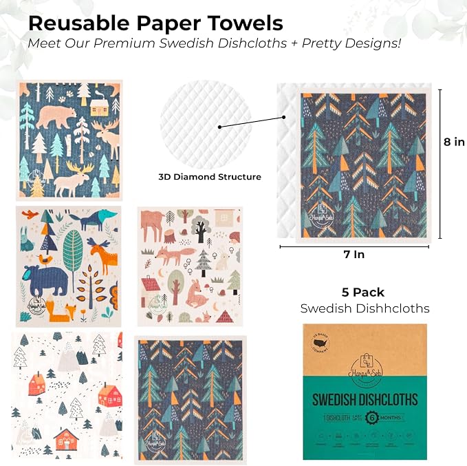 Harps&Seb Swedish Dishcloths for Kitchen Dish Towels - 5 Pack, Non-Scratch Reusable Paper Towels, Super Absorbent Washable Swedish Dish Cloths, No Odor, Biodegradable, Forest Designs