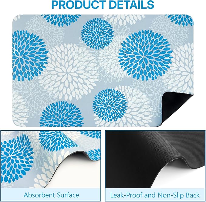 Dish Drying Mat, Dish Mat Drying Kitchen Mat with Rubber Backed, Hide Stain Kitchen Super Absorbent Draining Mat, Easy to Clean Dish Rack Pad for Dishes Countertop (Blue Floral, 16" x 24" )