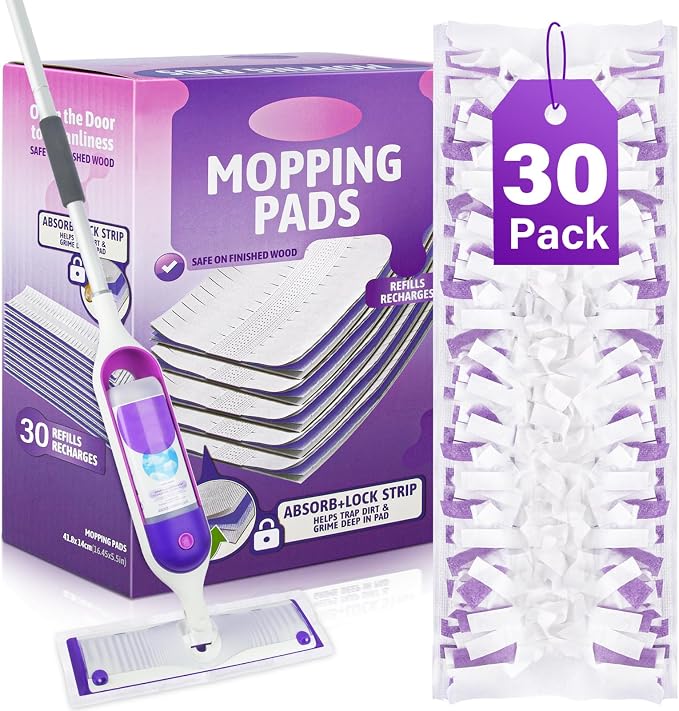 Mop Pads Refills for Swiffer PowerMop: 30 Pcs Disposable Pad | Wet Dry Use, 10-Layer Design, for 13" - 15" spray mops, Tile Hardwood Multi-Surface Floor Cleaning
