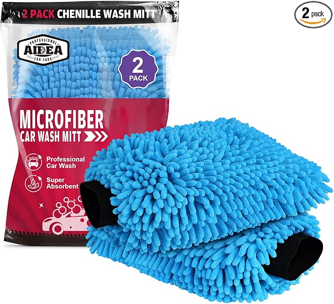 AIDEA Car Wash Mitt Microfiber, 2PK, Car Wash Brush, Blue, 7.12''X10.14'' | Scratch Free Lint Free Premium Chenille Microfiber Mitt, Cleaning Supplies, Regular Size