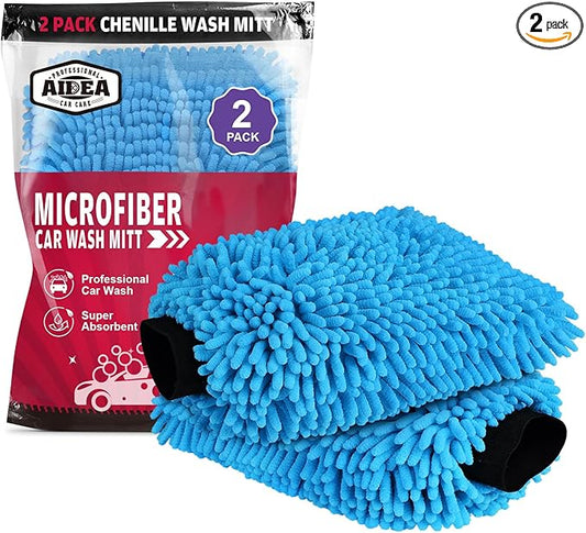AIDEA Car Wash Mitt Microfiber, 2PK, Car Wash Brush, Blue, 7.12''X10.14'' | Scratch Free Lint Free Premium Chenille Microfiber Mitt, Cleaning Supplies, Regular Size