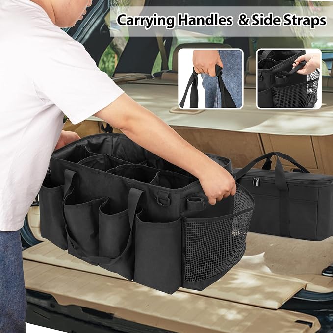 HODRANT Detailing Bag with Polisher Carry Bag for Buffer Bottle Towel | Large Detail Care Box for Auto Detailing Supplies, Car Wash Caddy & Trunk Organizer for Cleaning Kit, Black, Patent Design