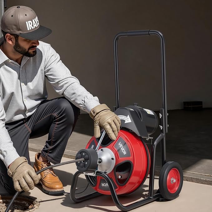 VEVOR Drain Cleaner Machine 100 FT x 3/8 Inch, Auto Feed Sewer Snake Auger on Wheels, Portable Drain Cleaning Machine with 4 Cutters & Air-activated Foot Switch for 2" to 4" Pipes