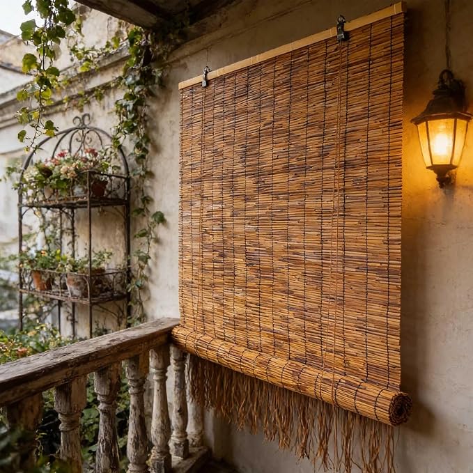 Weatherproof Patio Shades Roll Up Outdoor, 42" 53" 60" 65" 72" Reeds Bamboo Window Blinds, Light Filtering Balcony Privacy Screen and Garden Pergola Sun Protection(34" W x 54" H)
