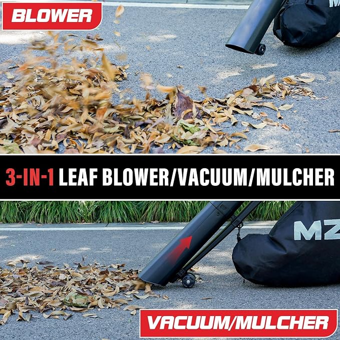 MZK 40V Leaf Vacuum Mulcher, 600 CFM Cordless Blower | High-airflow 3-in-1 tool with 40L bag and dual batteries for leaf collection around lawns and driveways.