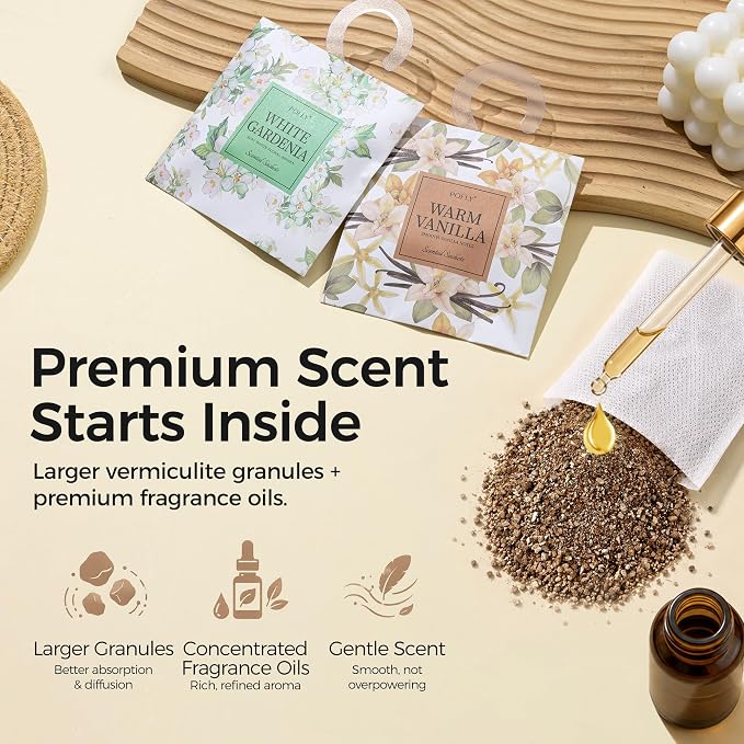 12 Pack Warm Vanilla Scented Sachets, Air Freshener for Small Spaces | Hanging Sachet Bags with Retractable Hook; Closet Deodorizer & Odor Eliminator for Drawers, Shoe Cabinets, Cars & Luggage
