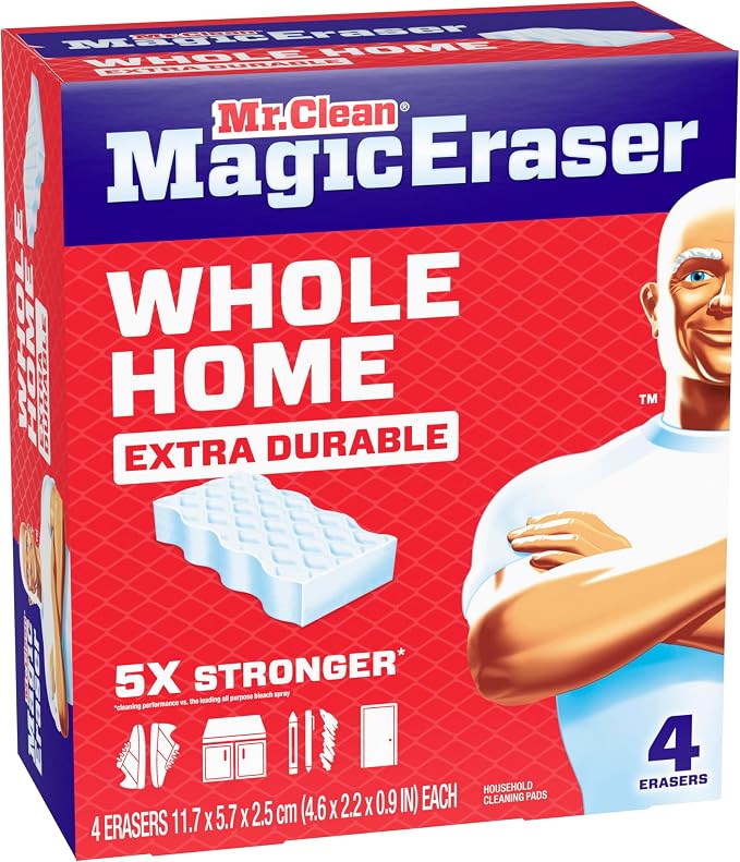 Mr. Clean Magic Eraser Sponge, All Purpose Cleaner, Cleaning Scrubber, Wall, Sneaker, Kitchen, Bathroom, Shower Cleaner, Cleaning Supplies, Melamine Sponge, Cleaning Pads, Extra Durable, 4ct