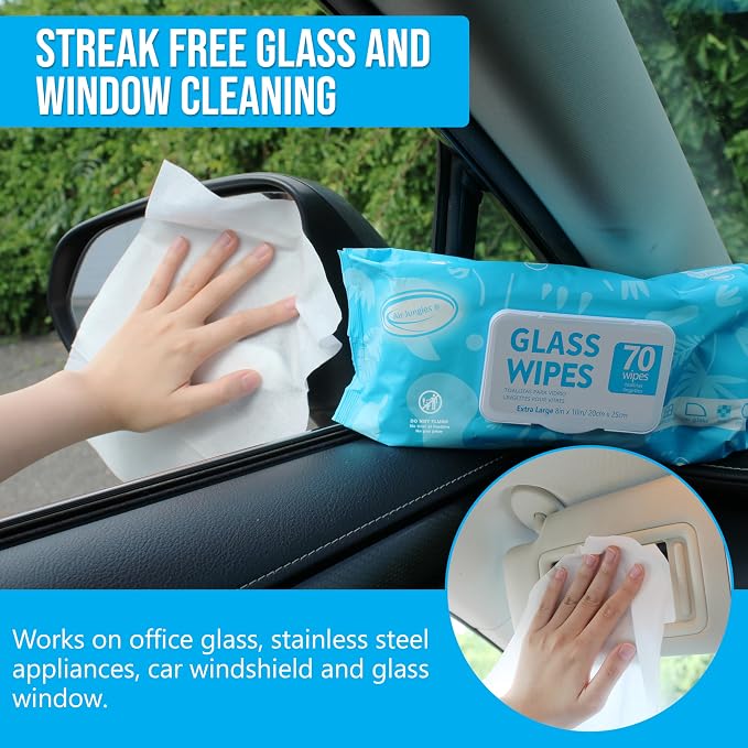Air Jungles Glass & Window Cleaner Wipes 70 Count (Pack of 3), XL 8x10 Inch | Ammonia-Free, Streak-Free, Safe For Car Windshield, Headlight, Mirror, Tile & Home Glass, Removes Fingerprints, Dust, Dirt