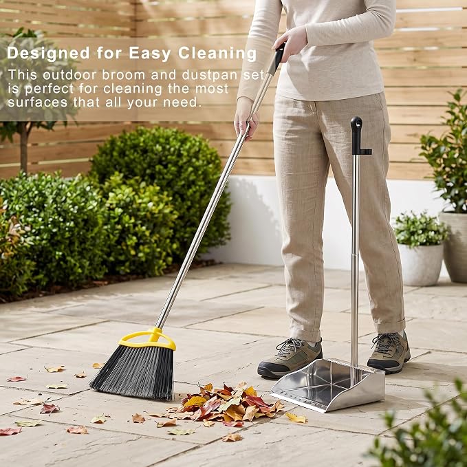 Broom and Dustpan Set, Outdoor Heavy Duty Broom with Stainless Steel Dustpan,Stiff Bristles Broom and Metal Dust Pan for Home