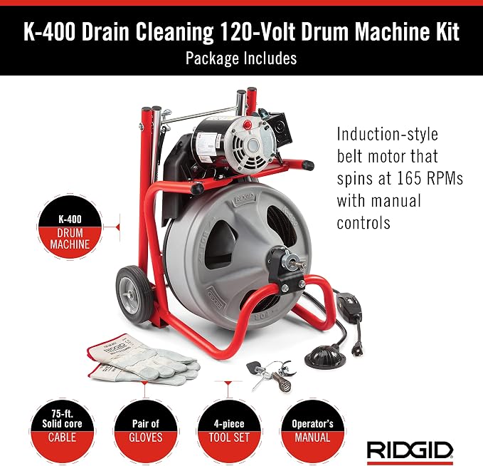 RIDGID 52363 Model K-400 Drain Cleaning 120-Volt Drum Machine Kit with C-32IW 3/8" x 75' Cable
