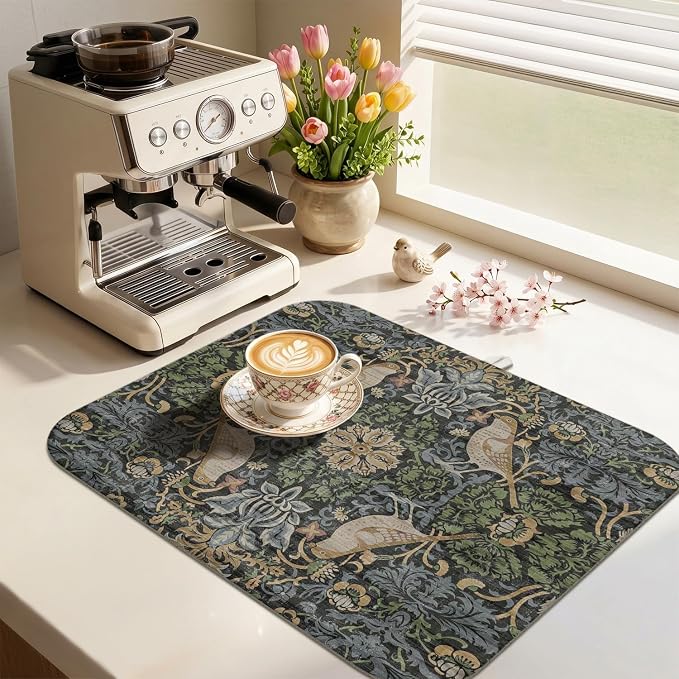 Boho Dish Drying Mat for Kitchen Counter,Vintage Bird & Botanical Floral Farmhouse Absorbent Microfiber Reusable Washable Non-Slip Dish Drainer Draining Mats Dishes Pad for Kitchen Decor 18x16 Inch