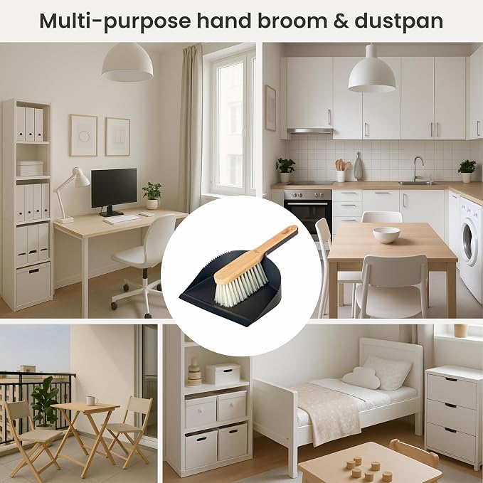 Vigar Vintage Mini Bamboo Broom with Dustpan Combo Set, Black | Small Dust Pan and Brush Set, For Dust, Pet Hair, Car and Crumbs, House and Kitchen Cleaning, Bamboo Broom