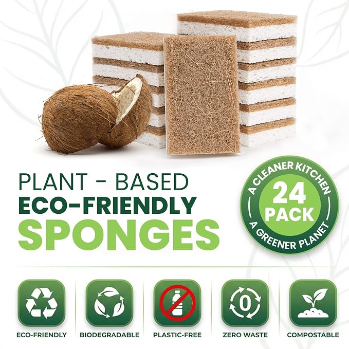 Metflavor Kitchen Sponges, 24 Count, Natural Non-Scratch Cellulose Sponge with Coconut Scrubber for Dishes, Biodegradable & Compostable, Non Toxic Cleaning Sponges for Kitchen, Bathroom, Household