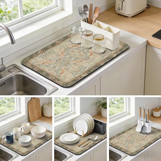 Dish Drying Mat for Kitchen Counter 17x32 Inch, Boho Quick Dry Coffee Mat | Made of super absorbent diatomite that quick dries dishes, coffee machine & sink area. Non-slip rubber base for countertop
