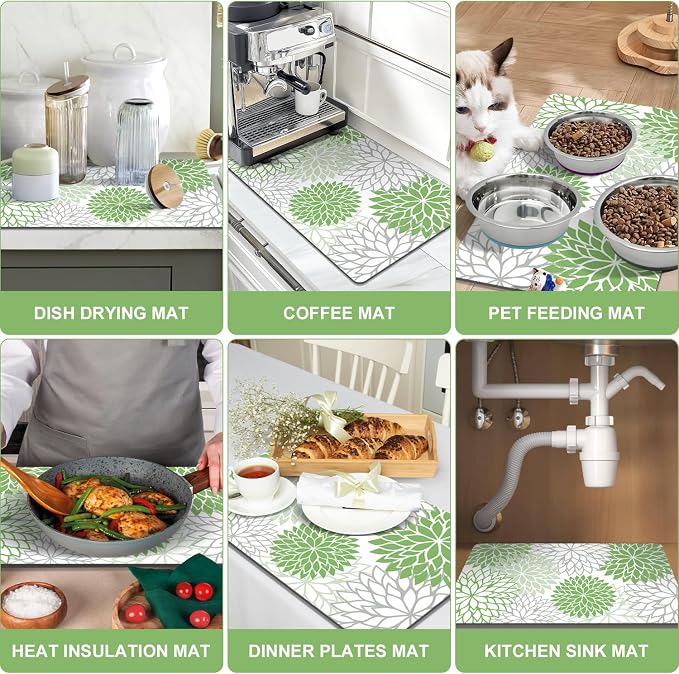 Findosom 2PCS 12" x 20" Dish Drying Mat & 24" x 5.5" Sink Splash Guard, Super Absorbent & Cuttable Dish Mat Drying Kitchen Mat with Green Floral, Hide Stain Drying Mat for Kitchen Counter