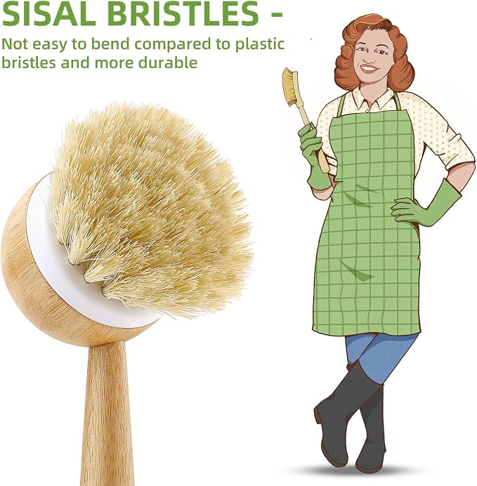 SUBEKYU Dish Brush with Handle, Natural Bamboo Dish Scrubber Brush, Kitchen Dishwashing Brush for Cleaning Dishes/Pans/Pots/Sinks, Sisal Bristles, 2P