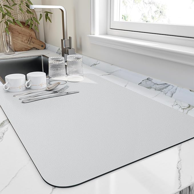 HotLive Dish Drying Mat for Kitchen Counter, Heat Resistant Drainer Mats with Non-slip Rubber Backed, Hide Stain Kitchen Super Absorbent Draining Mat, Easy to Clean Dish Rack Pad, Light Grey 16"x20"