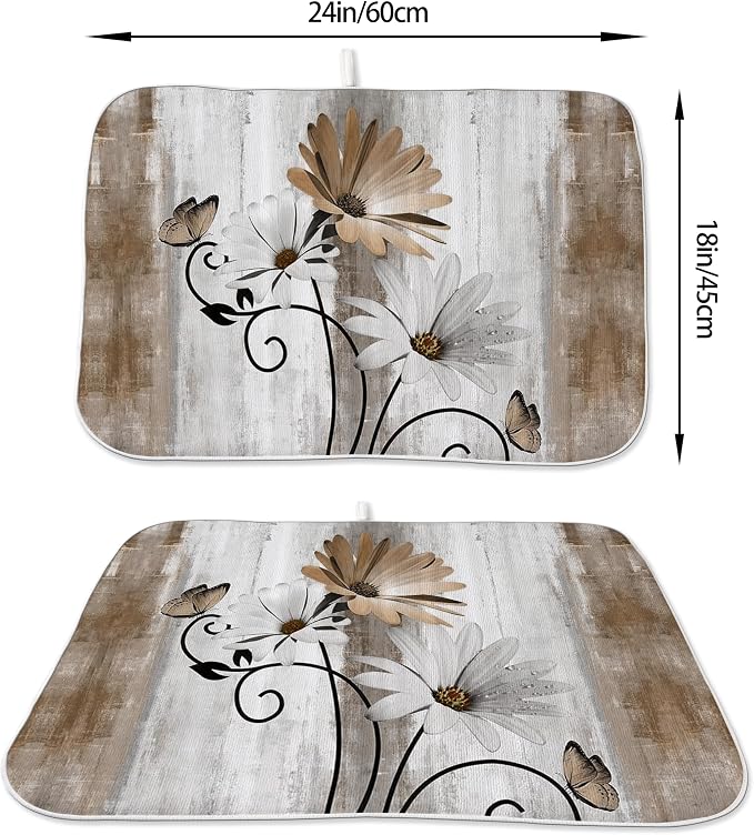 Floral Dish Drying Mat 18x24 Inches For Kitchen Counter Brown Daisy Flower Kitchen Decoration Drying Mat Modern Decorative Drying Pad For Home Kitchen Decor,Dining Room,Office Decor