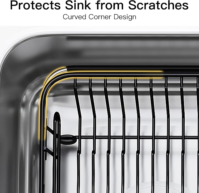 Apartment RV Small Dish Drainer Drying Rack Over The Sink In Stainless Steel for Narrow Kitchen, Counter Space Saving Compact Expandable Metal Plate Dryer Strainer, Black Adjustable Wire Drain Holder