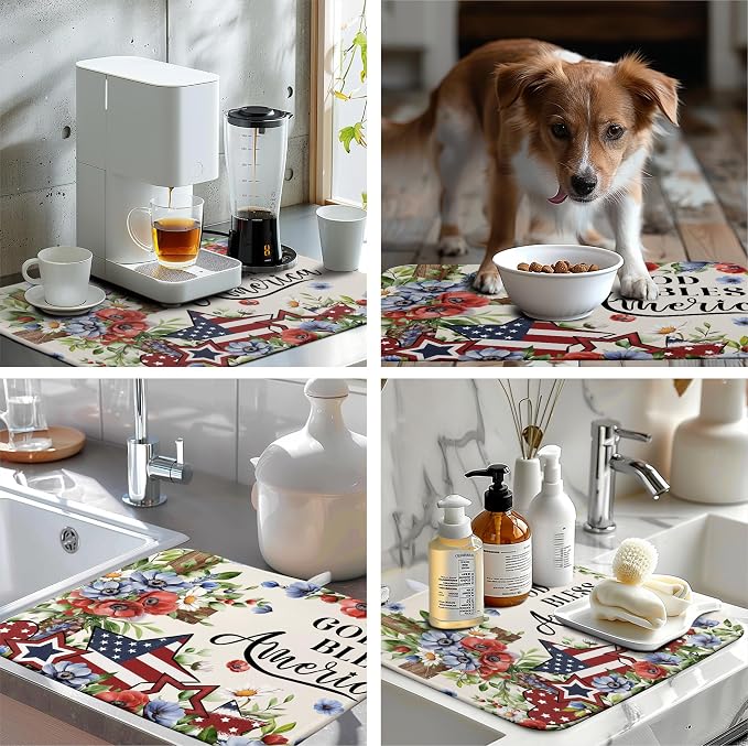 4th of July Drying Mat for Kitchen Counter Patriotic Floral Cross Stars Dish Drying Pad Independence Day Absorbent Microfiber Washable Dish Draining Mat Extra Large 18"x24"