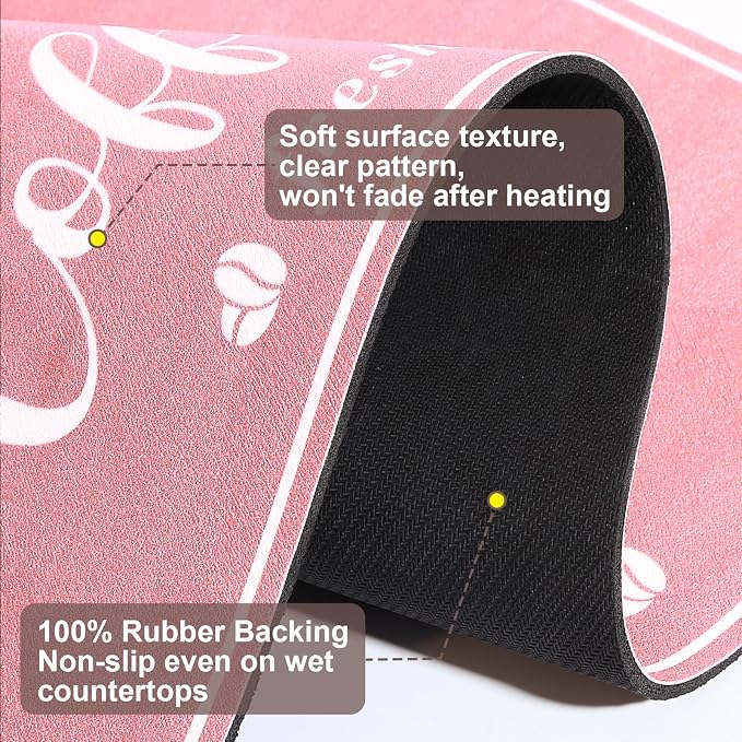 CooRug Absorbent Coffee Mat, Fashion Dish Drying Mat for Kitchen Counter Coffee Bar Accessories Espresso Machine Dish Rack 16" x 24" Pink