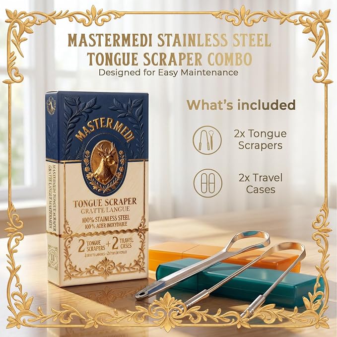 MasterMedi Tongue Scraper with Multicolor Cases (2 Pack), 100% Stainless Steel, Reduce Bad Breath, Easy to Use Tongue Scraper for Adults, Tongue Cleaner for Oral Care & Hygiene