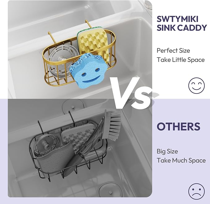 SWTYMIKI Sponge Holder for Kitchen Sink - Movable Sink Caddy with Smiley Face Sponge Holder, Rustproof Hanging Sponge Organizer in Double Bowl Sinks Depth>3.15in, Middle Divider<1.5in, Gold