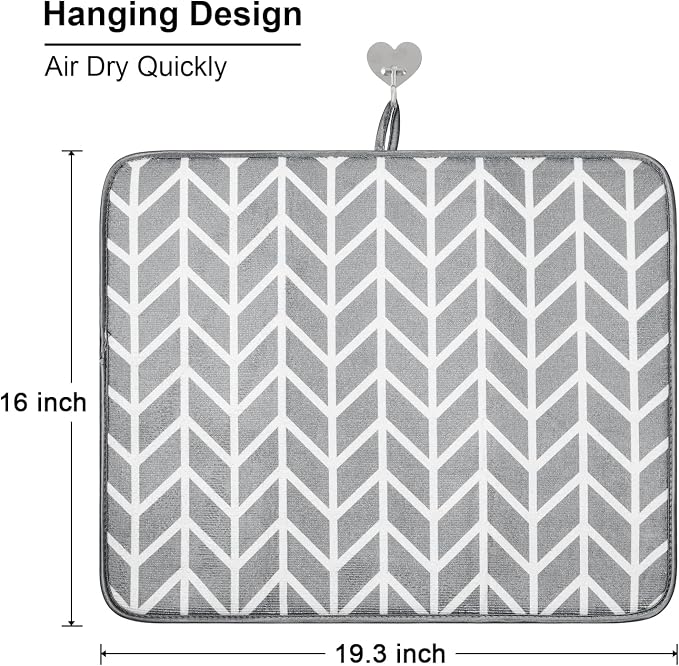 SUBEKYU Dish Drying Mat for Kitchen Counter, Absorbent Microfiber Dishes Drainer Mats/Rack Pads, 2 Pack, Light Grey, Branch