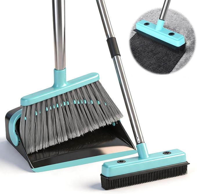 Broom with Dustpan Combo Set,Pet Hair Rubber Broom with Carpet Rake and Squeegee,Long Handle Broom with Upright Standing Dustpan for Indoor Cleaning (Black)
