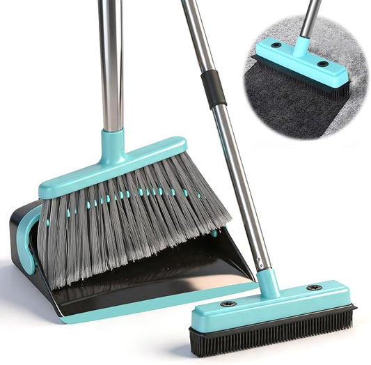 Broom with Dustpan Combo Set,Pet Hair Rubber Broom with Carpet Rake and Squeegee,Long Handle Broom with Upright Standing Dustpan for Indoor Cleaning (Black)