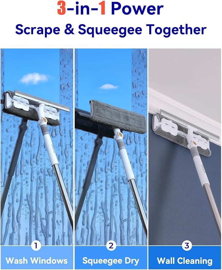 CTIME 80" Professional Window Squeegee Kit with Extension Pole, 5 Cloths | Safe Ladder-Free Reach; Anti-Rust Stainless Steel; 2-in-1 Wash/Dry; Bonus Storage Bag; Durable PP Handle; Streak-Free Finish