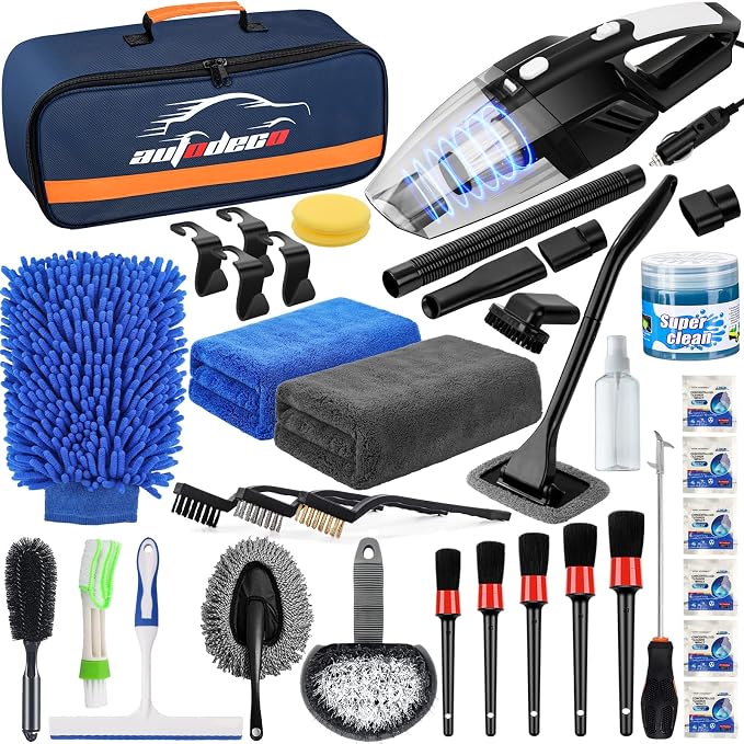39Pcs Car Cleaning Wash Kit Interior Detailing Cleaner Kit with High Power Handheld Vacuum, Brush Set, Windshield Tool, Duster, Towels, Tire Brush, Complete Car Care Tools, Blue