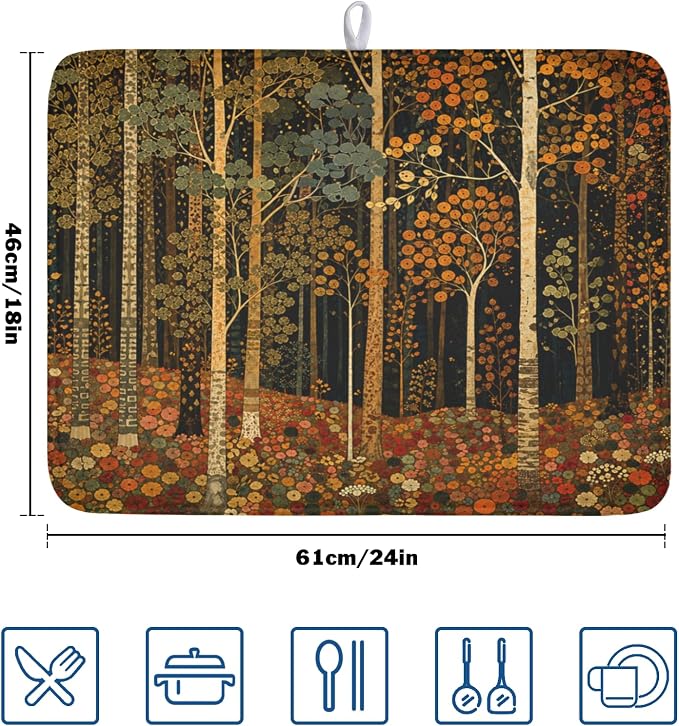 Fall Dish Drying Mat for Kitchen Counter Autumn Forest Vintage Botanical Nature Microfiber Dish Drainer Mat Antique Rustic Farmhouse Absorbent Washable Drying Pad 18"x24"