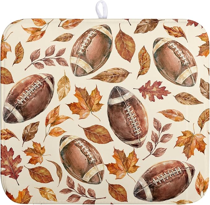 Burnt Orange Football Maple Leaves Fall Dish Drying Mat for Kitchen Counter Autumn Thanksgiving Dish Drying Pad Seasonal Harvest Holiday Absorbent Microfiber Dishes Drainer Mats 16x18 Inch