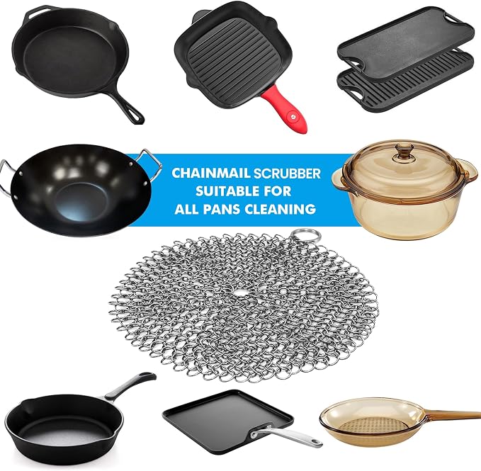 TOPULORS 316L Stainless Steel Cast Iron Scrubber Chaimmail Link 7 in Round | Suitable For Skillets, Griddles, Grills, Pans, And Other Cookware, Remove Stuck-On Food Without Stripping Seasoning
